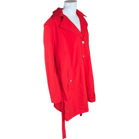 Dennis Basso Regular Water Resistant Trench Coat Hood Tomato Red XL Petite NWOT - Picture 2 of 13